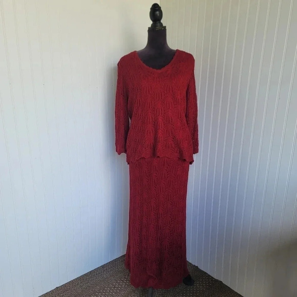 2PC CATO Fashions Womens Shirt Top Knit Crochet Maroon Burgundy Set Sz L - Picture 1 of 12